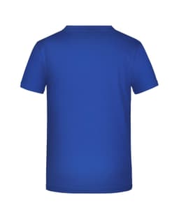 A blue T-shirt featuring a plain back design, categorised as "Promo-T Boy 150". It has a simple logo.