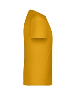 A side view of a plain yellow T-shirt featuring short sleeves and a simple design. It has a logo on it.
