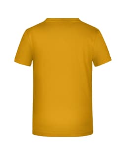 A yellow unisex T-shirt featuring a smooth back design and a logo. Ideal for casual wear.