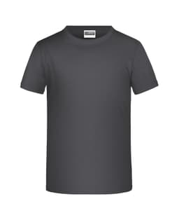 A grey T-shirt with short sleeves and a round neckline. It features a label and has a logo.