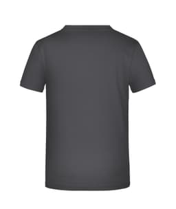 A grey short-sleeved T-shirt featuring a plain back design with a logo.