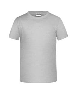 A light grey T-shirt featuring a round neckline and short sleeves, with a logo on the label.
