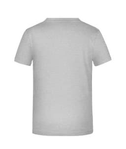 A grey T-shirt with short sleeves and a plain back, designed for promotional use. It features a logo.
