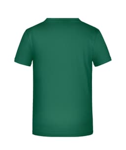 A green T-shirt with a plain back view and short sleeves, featuring a logo on the neck area.