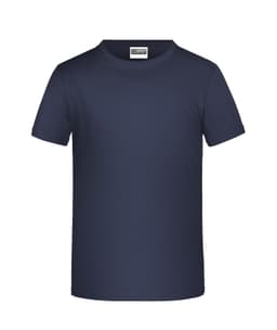 A navy blue T-shirt with a round neckline and short sleeves, featuring a logo on the chest area.