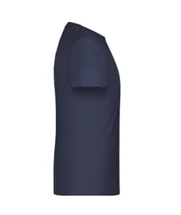 A navy blue T-shirt with short sleeves, showcasing a plain side view and a logo on the chest area.