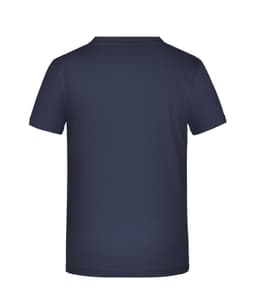 A navy blue T-shirt featuring a plain back design and a logo. Suitable for casual wear or promotional use.