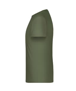 A green T-shirt with a crew neck and short sleeves, displayed from the side. It has a small logo present.