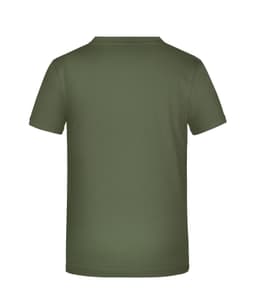 A plain olive green T-shirt featuring a standard crew neck and short sleeves. The shirt has a logo on the back.