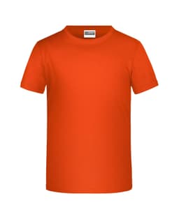 An orange T-shirt with a standard crew neck and short sleeves, featuring a logo on the label.