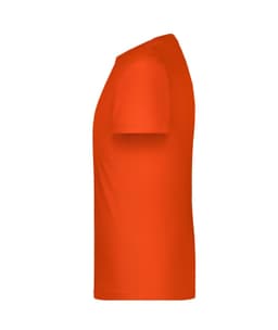 An orange t-shirt featuring a simple design with short sleeves and a crew neckline. It has a logo on it.