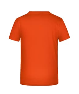 An orange T-shirt with a simple design, featuring a logo on the back.