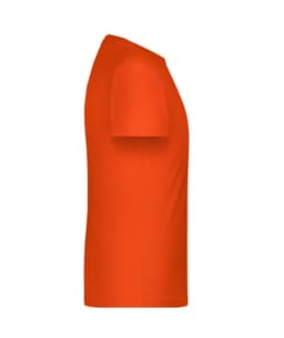 An orange T-shirt with short sleeves, displayed from a side view. It features a logo on the front.