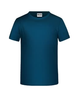 A solid teal t-shirt with short sleeves and a crew neckline, featuring a logo on the label.