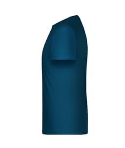 A side view of a blue T-shirt featuring short sleeves and a simple design. The shirt has a logo on it.