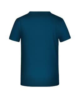A blue T-shirt featuring a plain back design with short sleeves. It includes a logo on the fabric.