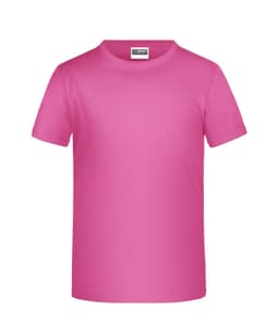 A pink T-shirt with short sleeves and a crew neckline, featuring a logo on the tag.