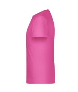 A pink T-shirt with short sleeves, featuring a plain design and a logo on the side.