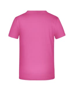 A pink T-shirt with a plain back. The shirt features a logo or branding.