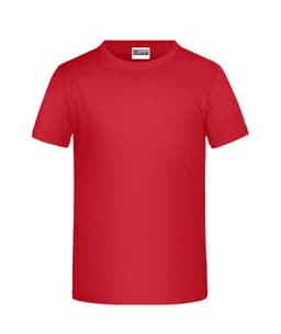 A red promotional T-shirt with short sleeves and a tag on the neckline. It features a branding logo.