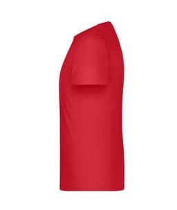 A red T-shirt displayed from the side, featuring a smooth fabric and a simple design. It has a logo visible on the front.
