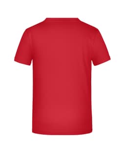 A red T-shirt displayed from the back, featuring a plain design and a logo on the neckline.