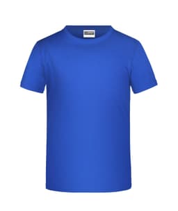 A blue T-shirt, featuring a classic crew neck design and short sleeves, with a label inside.