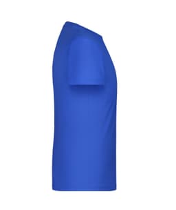 A blue T-shirt with short sleeves and a side view showcasing its shape. Features a branded logo.