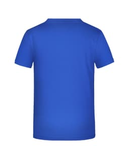 A blue T-shirt featuring a plain back design and a small logo at the neck area.