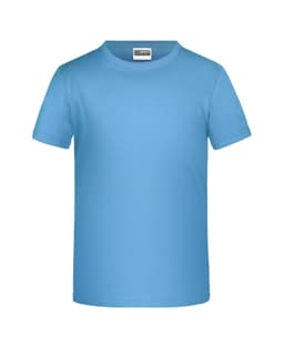 A blue T-shirt featuring a round neckline and short sleeves, with a label in the neck area.