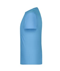 A light blue T-shirt with short sleeves, featuring a logo on the side.