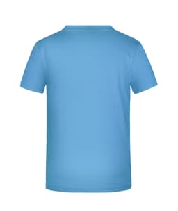 A light blue T-shirt with a crew neckline and short sleeves, featuring an unspecified logo on the back.