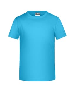 A bright blue T-shirt with short sleeves and a crew neck, featuring a logo on the front.