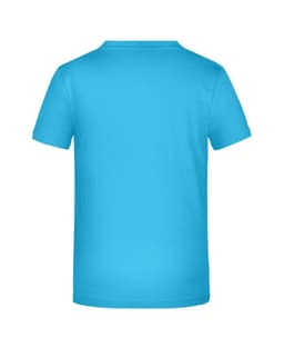 A bright turquoise T-shirt featuring a plain back and short sleeves. It has a logo on the back.