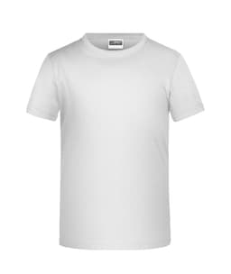 A plain white short-sleeved T-shirt with a label and a logo.