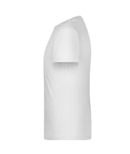 A white T-shirt with short sleeves, shown from the side. It features a logo on the front.