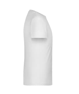 A white short-sleeved T-shirt displayed from the side, featuring a simple design and a logo.