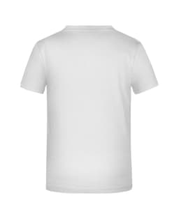A white T-shirt featuring short sleeves and a simple design, with a logo on the back.