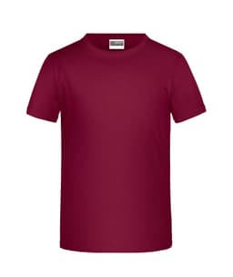 A maroon T-shirt with a round neck and short sleeves, featuring a logo on the front.