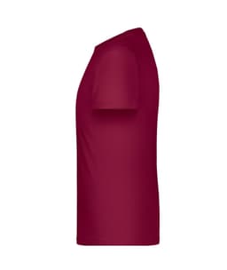 A red t-shirt with short sleeves, displayed from the side. The shirt has a minimal design and includes a logo.