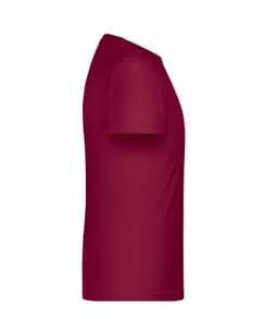 A side view of a maroon T-shirt, featuring short sleeves and a plain design. It includes a logo on the fabric.