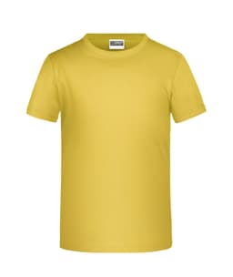 A yellow T-shirt with a crew neckline and short sleeves, featuring a logo branding.
