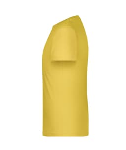 A yellow T-shirt featuring a simple, plain design and short sleeves. It has a logo on one side.