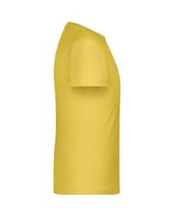 A yellow T-shirt with short sleeves and a plain design, featuring a logo on the front.