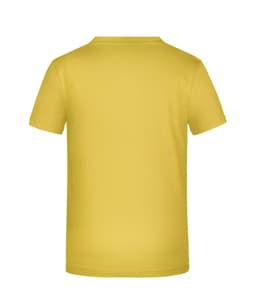 A plain yellow T-shirt with a round neckline and short sleeves. The back view reveals no additional design elements.