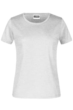 A light grey women's T-shirt with short sleeves, featuring a round neckline and a branding label.