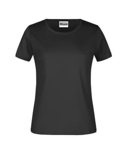 A black women's t-shirt with short sleeves, featuring a round neckline and a logo on the label.
