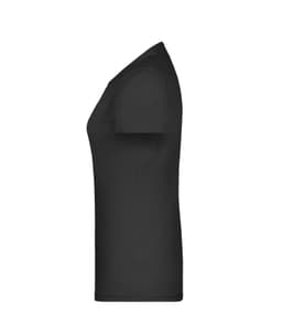 A black women's t-shirt with a fitted design, featuring short sleeves and a round neckline.