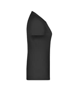 A black fitted T-shirt with short sleeves, featuring a plain design and a logo on the side.