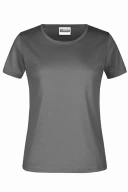 A grey women's T-shirt with a round neckline and short sleeves. The shirt has a logo on the label.